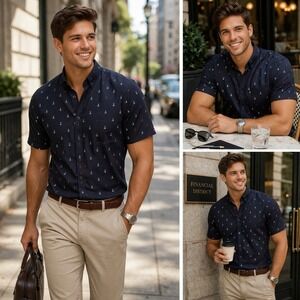 NWT Denim & Flower Ricky Singh Mens Navy Blue Anchor Print Short Sleeve Shirt L